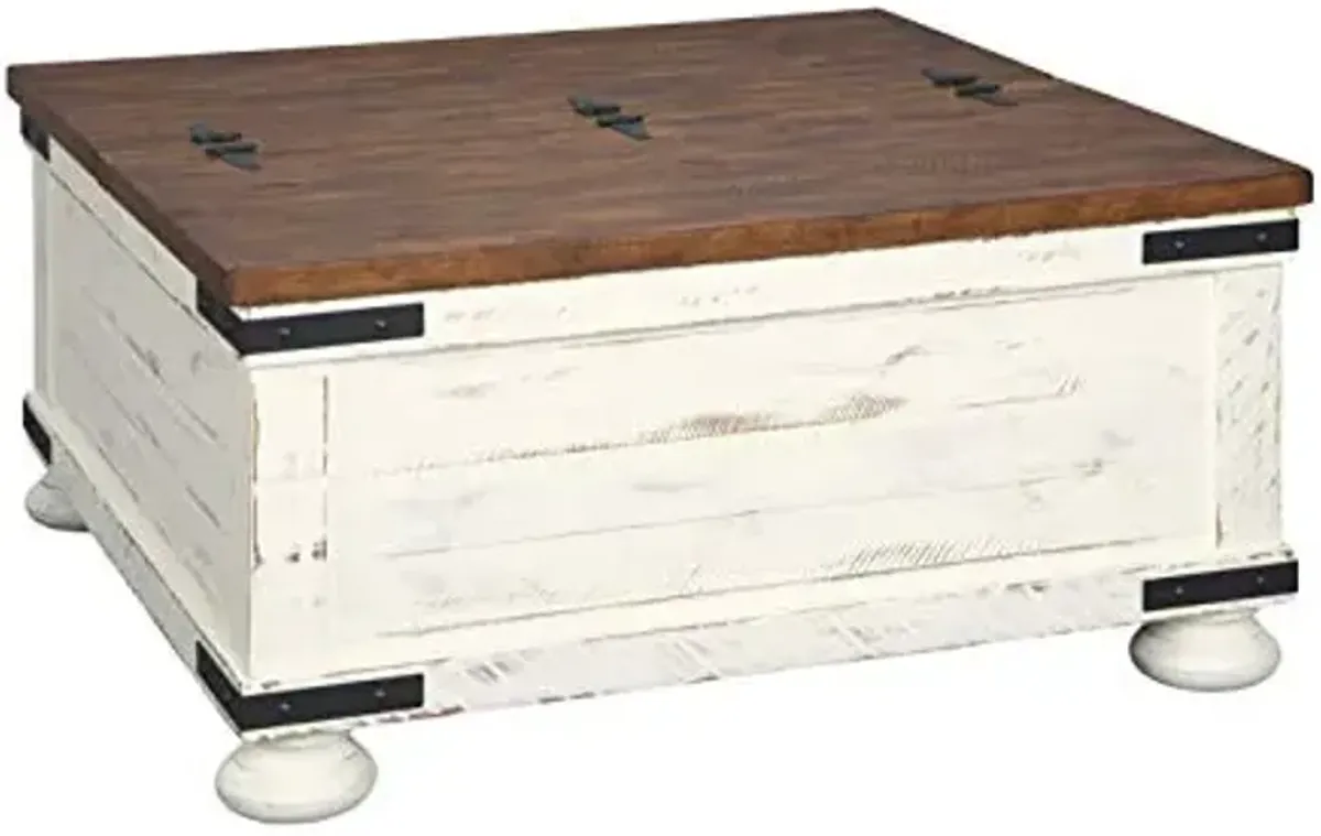Signature Design by Ashley Wystfield Farmhouse Square Storage Coffee Table with Hinged Lift Top, Distressed White and Chair Side End Table with Cabinet Door for Storage, White & Brown