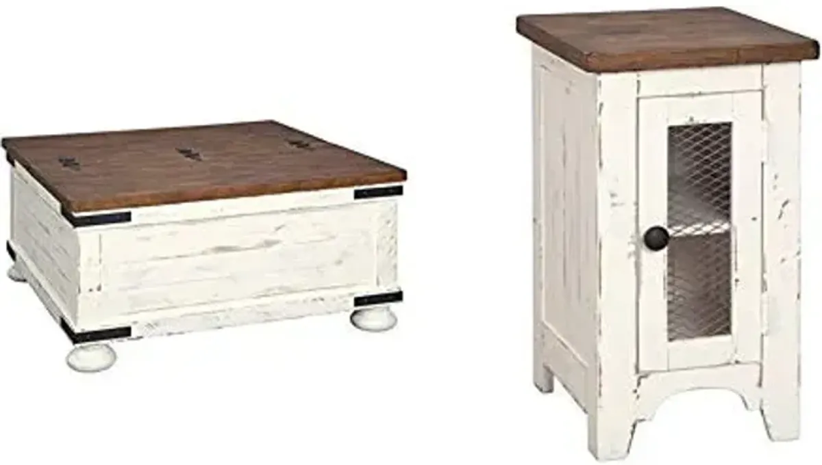 Signature Design by Ashley Wystfield Farmhouse Square Storage Coffee Table with Hinged Lift Top, Distressed White and Chair Side End Table with Cabinet Door for Storage, White & Brown