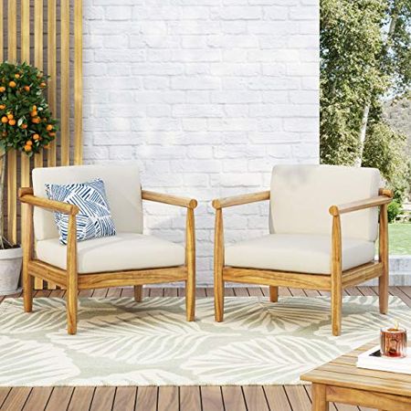 Christopher Knight Home Abigail Outdoor Acacia Wood Club Chair (Set of 2), Teak Finish, Cream