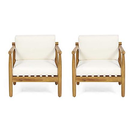Christopher Knight Home Abigail Outdoor Acacia Wood Club Chair (Set of 2), Teak Finish, Cream