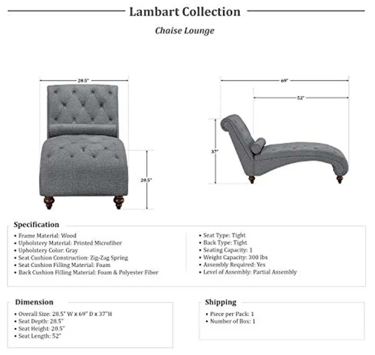 Lexicon Lambart Chaise Lounge, Gray (Silver Nailheads)