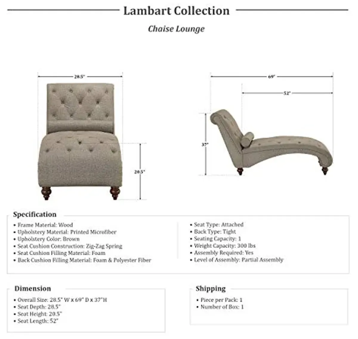 Lexicon Lambart Chaise Lounge, Brown (Silver Nailheads)