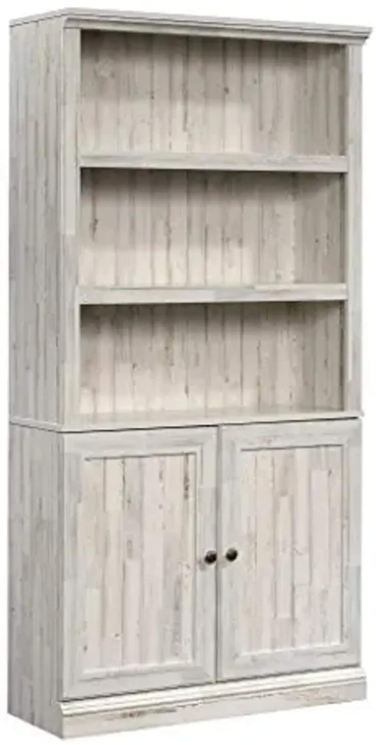 Sauder Select Book Shelf, Bookshelf with Storage, Library Bookcase with Doors and Adjustable Shelves, in White Plank