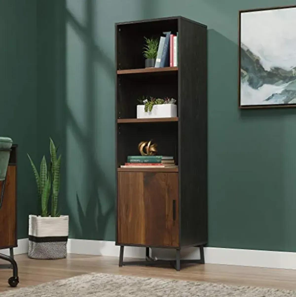 Sauder Canton Lane Industrial 3-Shelf Bookcase with Door/Book Shelf, Brew Oak Finish