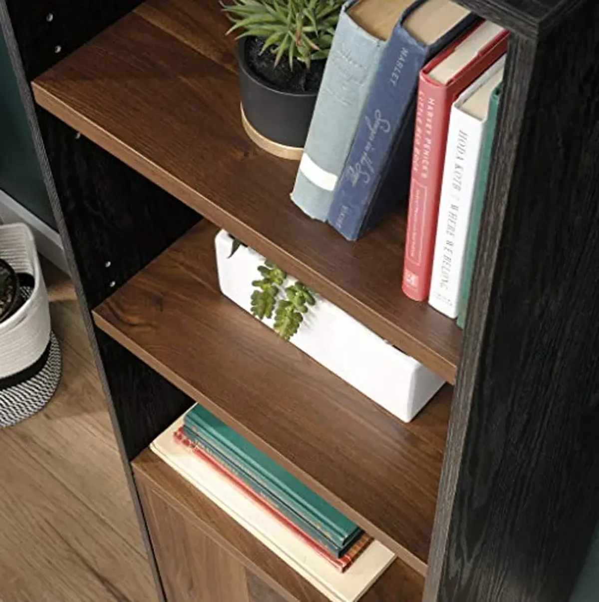 Sauder Canton Lane Industrial 3-Shelf Bookcase with Door/Book Shelf, Brew Oak Finish