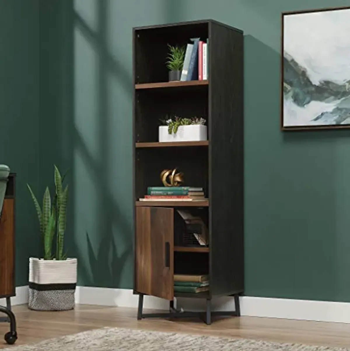 Sauder Canton Lane Industrial 3-Shelf Bookcase with Door/Book Shelf, Brew Oak Finish