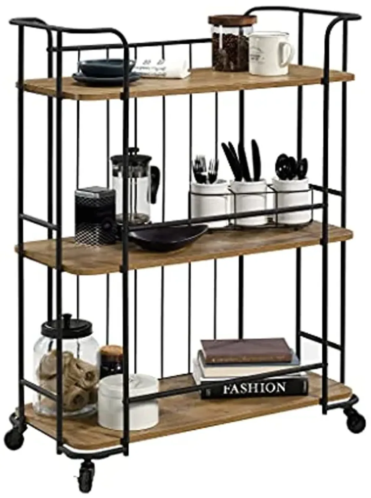 Sauder Station House Industrial Multi-Purpose Rolling Cart/Pantry cabinets, L: 32.323" x H: 15" x W: 40.748", Etched Oak Finish