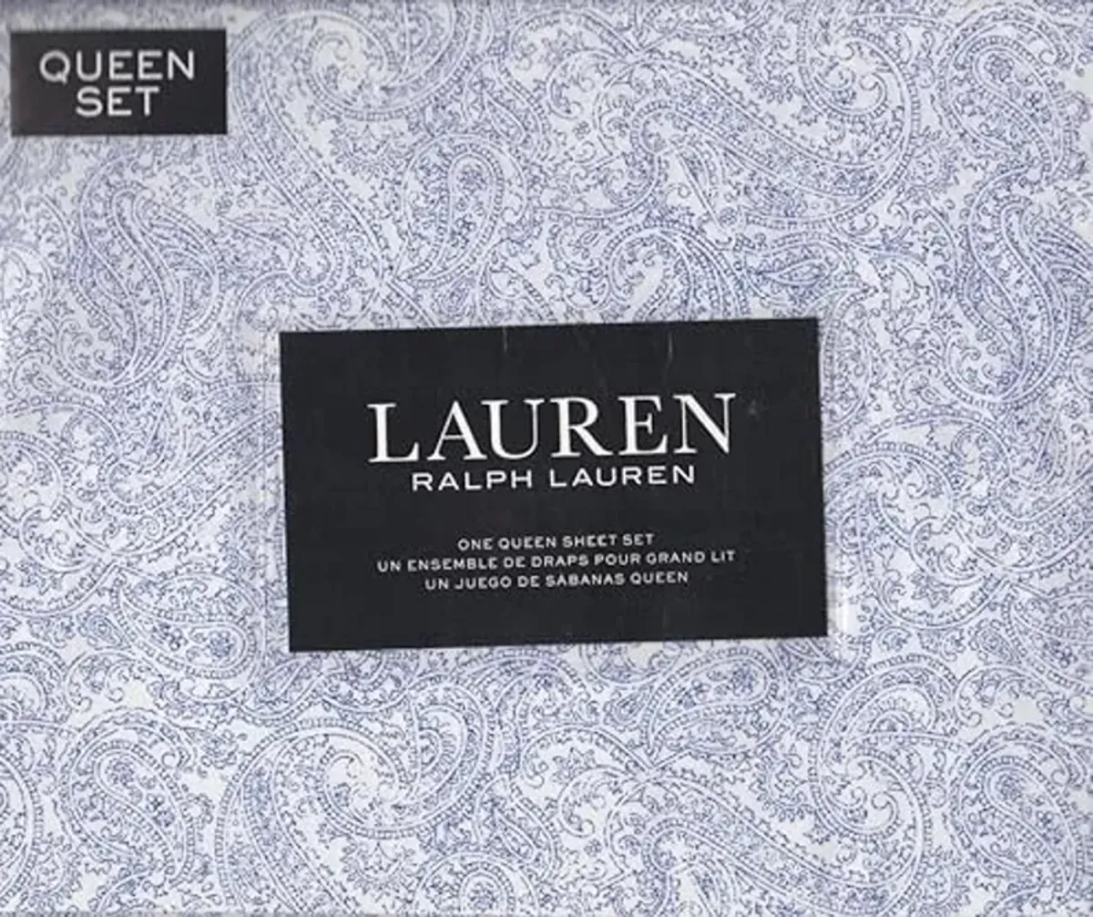 Lauren Ralph Lauren soma Blue Ink Paisley 4P Extra Deep Queen Sheet Set Cotton White Ground (Queen)