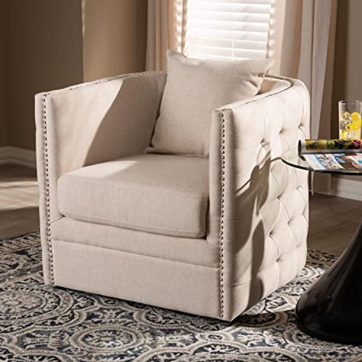 Baxton Studio Micah Modern and Contemporary Beige Fabric Upholstered Tufted Swivel Chair