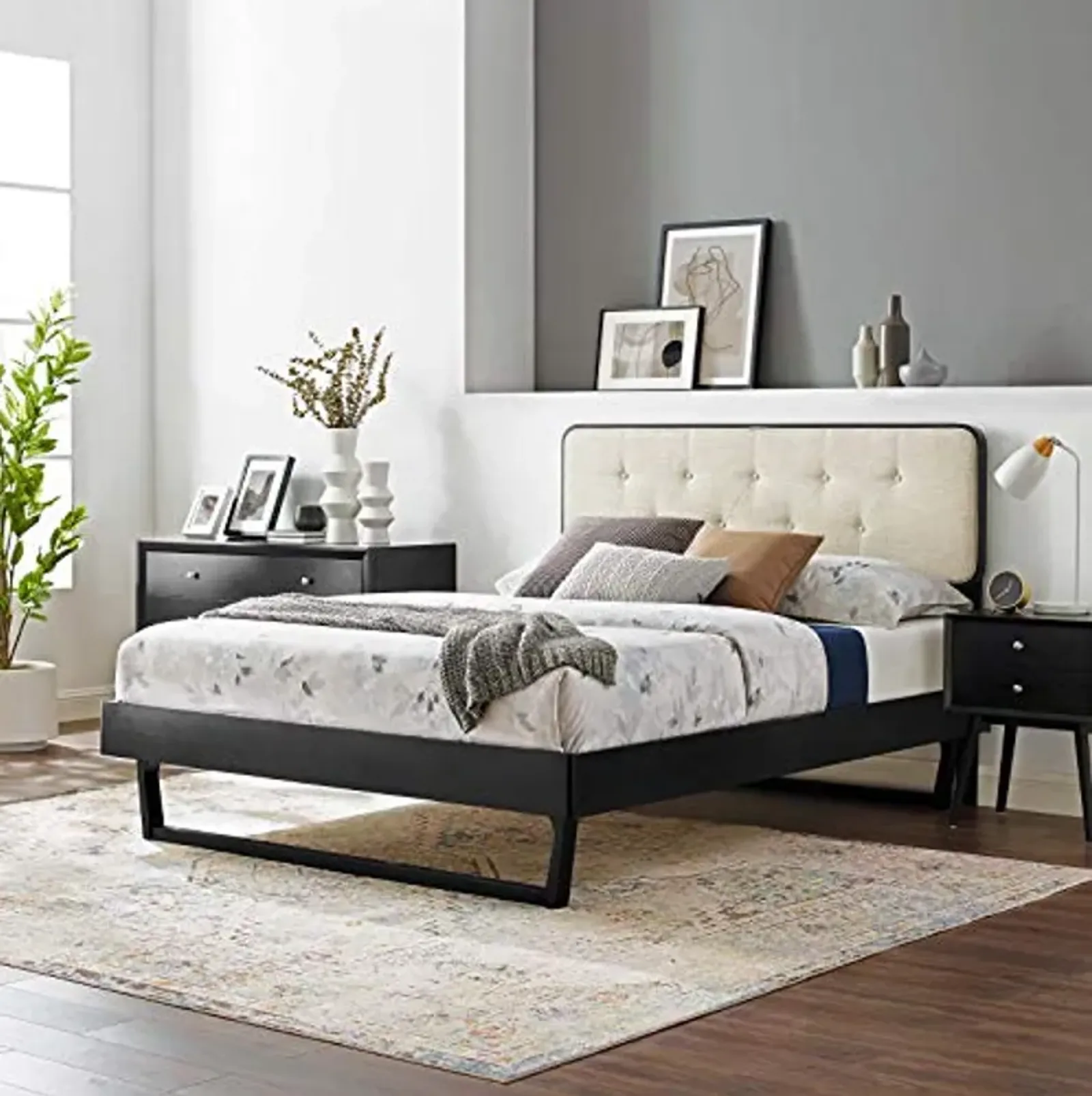 Modway Bridgette Wood Platform Bed with Angular Frame, Queen, Black Beige