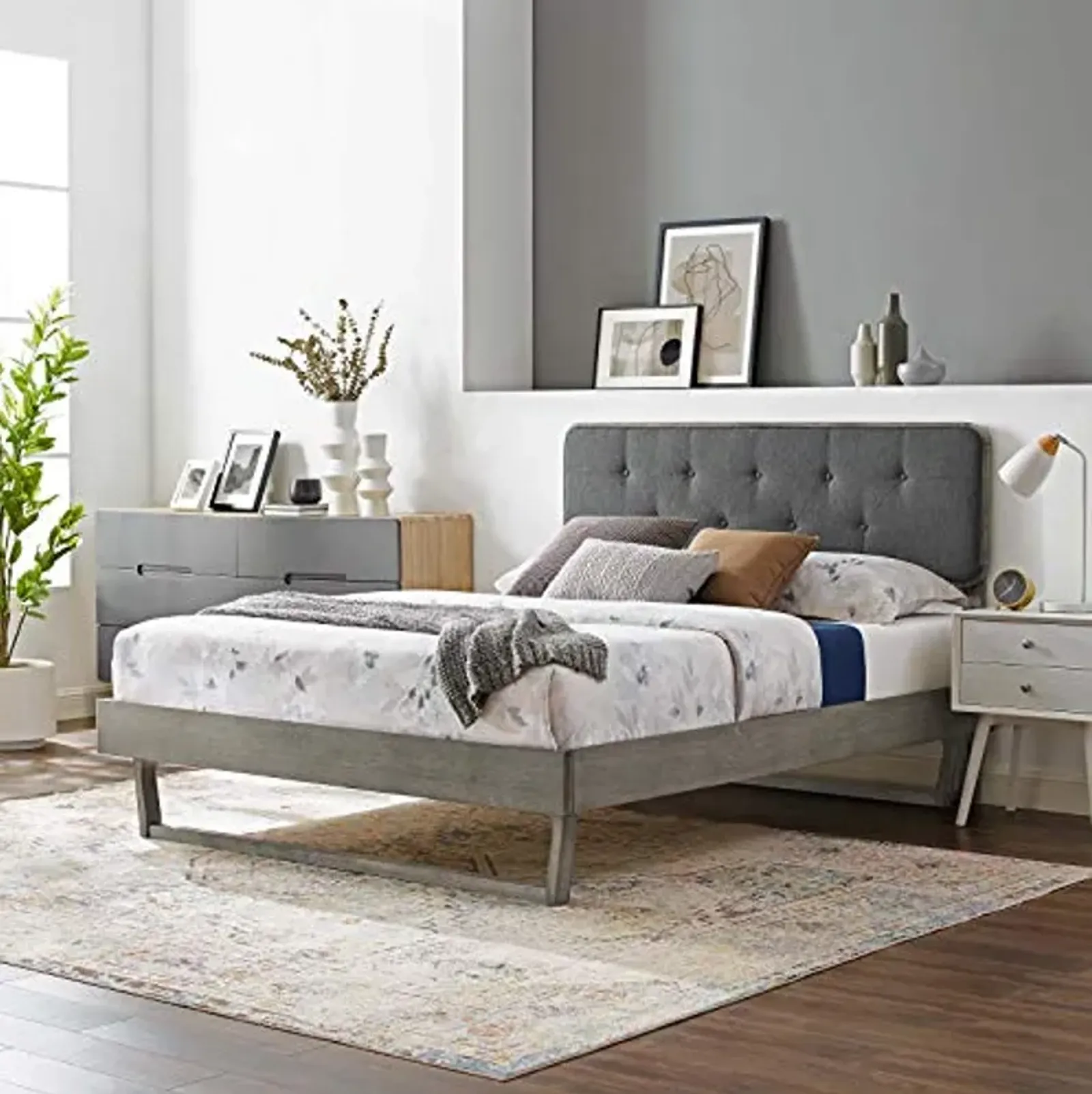 Modway Bridgette Wood Platform Bed with Angular Frame, King, Gray Charcoal