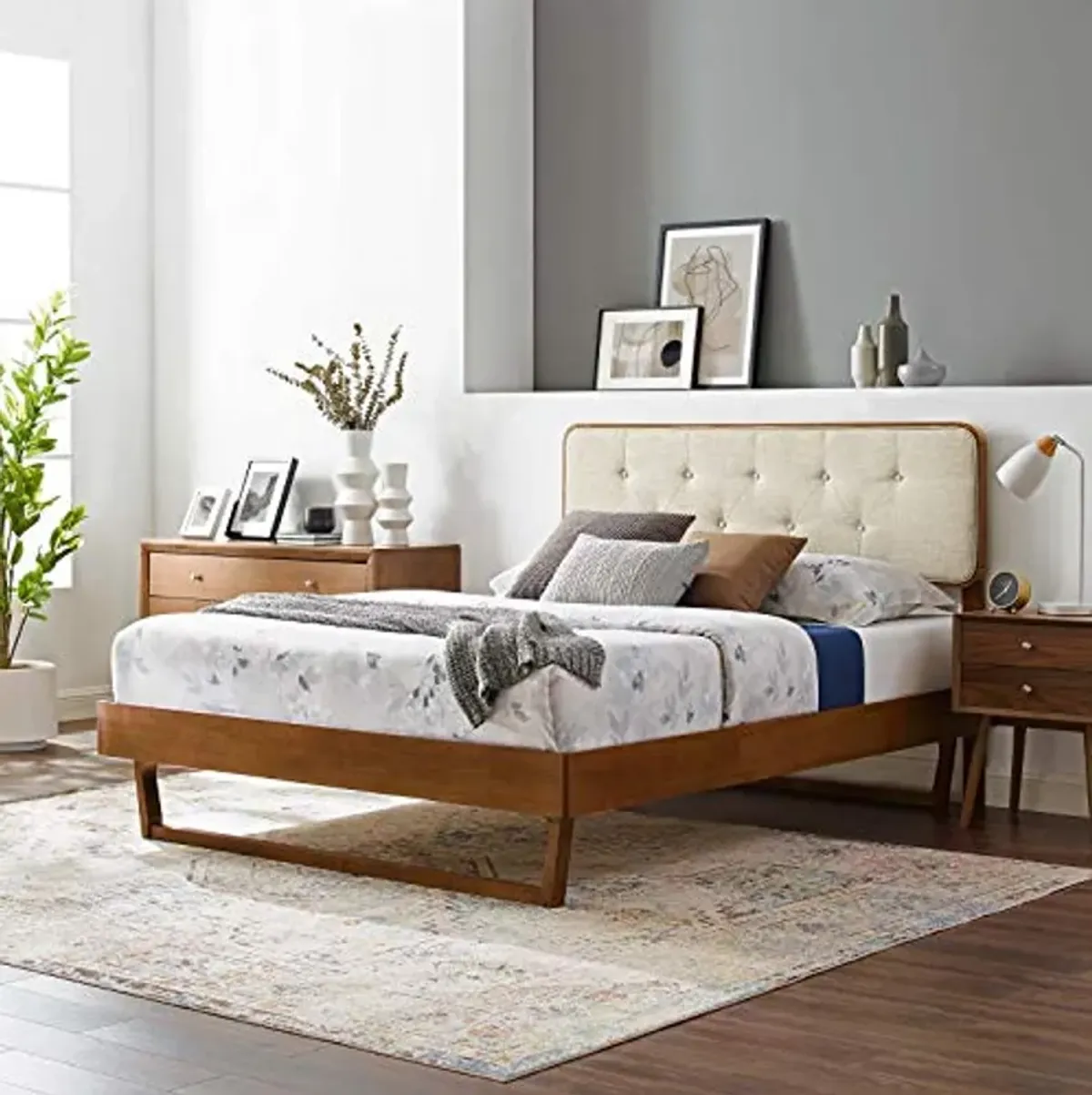 Modway MOD-6387-WAL-BEI Bridgette Queen Wood Platform Bed with Angular Frame, Walnut Beige