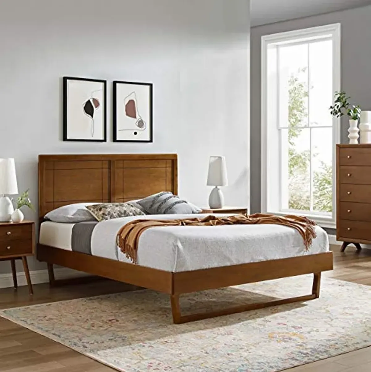 Modway MOD-6381-WAL Marlee Queen Wood Platform Bed with Angular Frame, Walnut