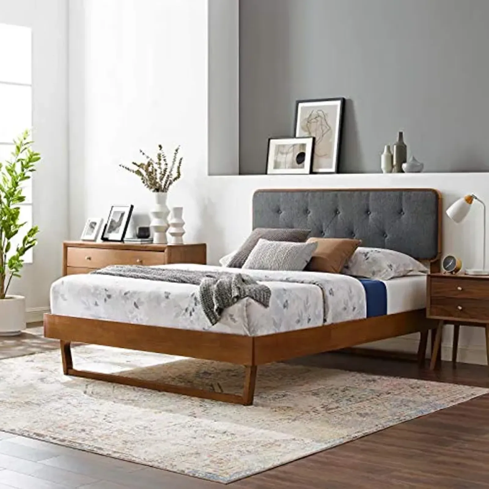 Modway MOD-6387-WAL-CHA Bridgette Queen Wood Platform Bed with Angular Frame, Walnut Charcoal