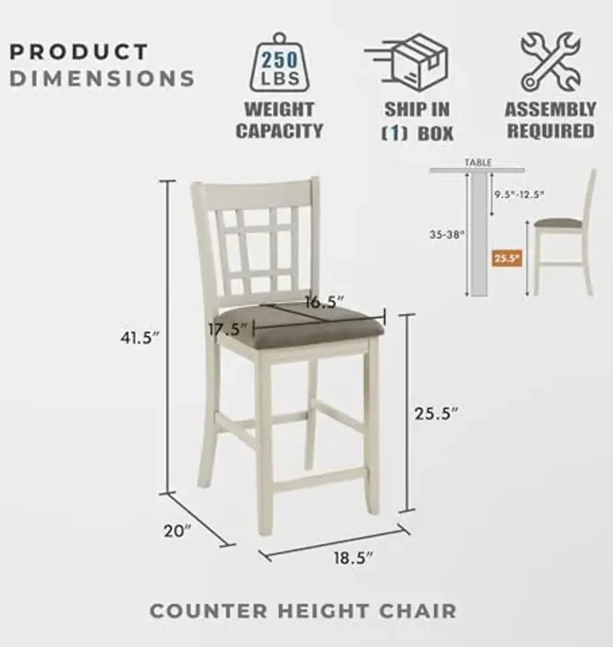 Counter Height Stools Set of 2 - Meyer Kitchen Counter Stools Upholstered Foam Padded Seat, Lattice Back, Solid Wood Frame, Farmhouse Oak Chair, Easy Assembly, 25.5" Seat Height, Antique White