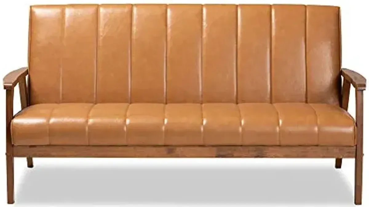 Baxton Studio Nikko Mid-Century Modern Tan Faux Leather Upholstered and Walnut Brown Finished Wood Sofa