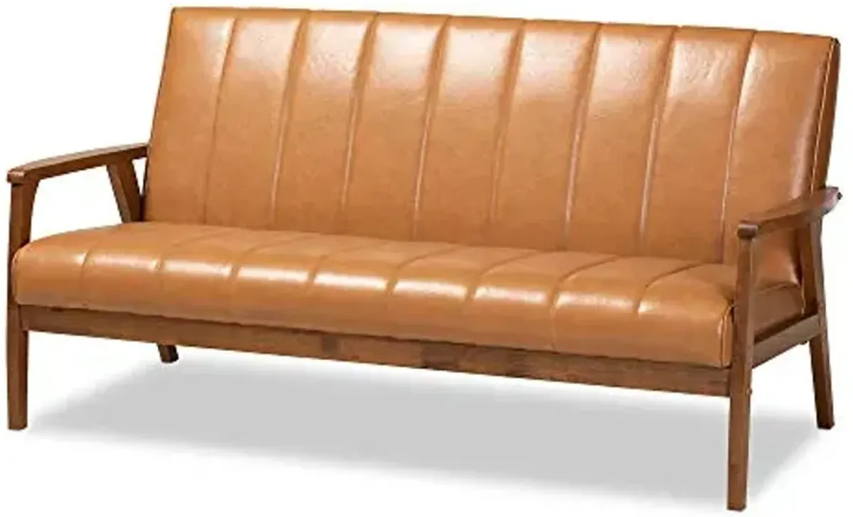 Baxton Studio Nikko Mid-Century Modern Tan Faux Leather Upholstered and Walnut Brown Finished Wood Sofa