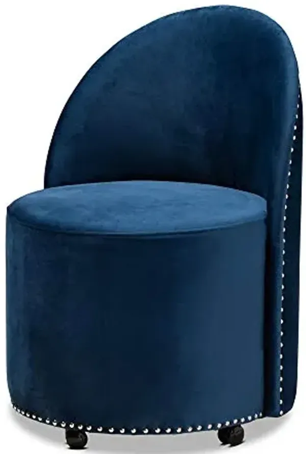Baxton Studio Bethel Glam and Luxe Navy Blue Velvet Fabric Upholstered Rolling Accent Chair