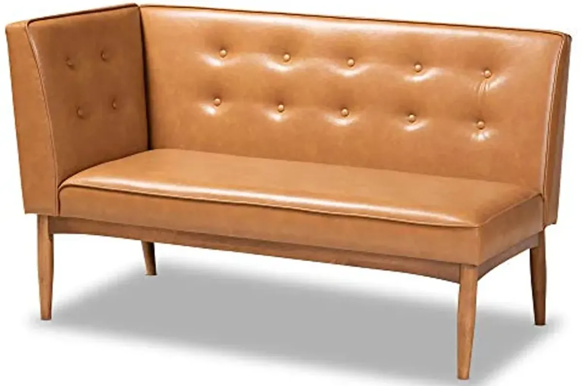 Baxton Studio Arvid Mid-Century Modern Tan Faux Leather Upholstered and Walnut Brown Finished Wood 2-Piece Dining Corner Sofa Bench