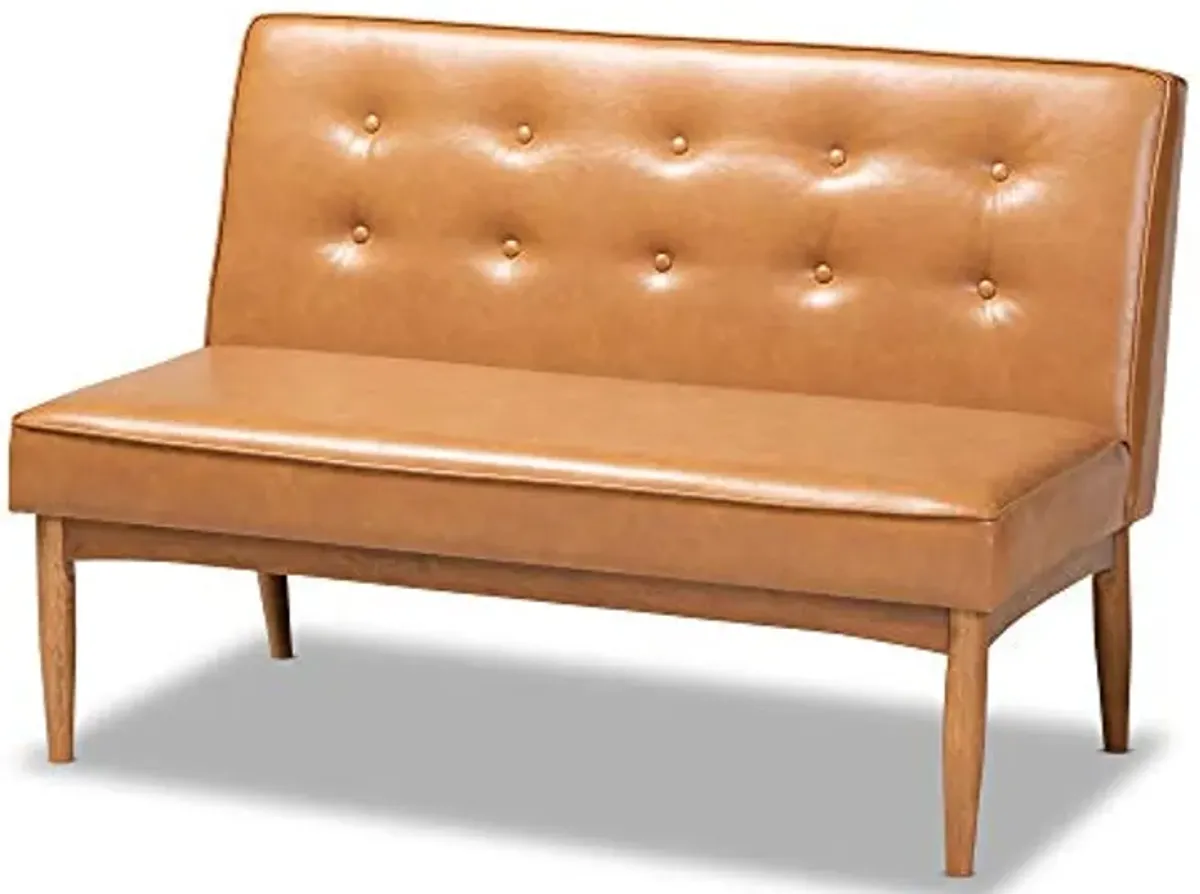 Baxton Studio Arvid Mid-Century Modern Tan Faux Leather Upholstered and Walnut Brown Finished Wood 2-Piece Dining Corner Sofa Bench