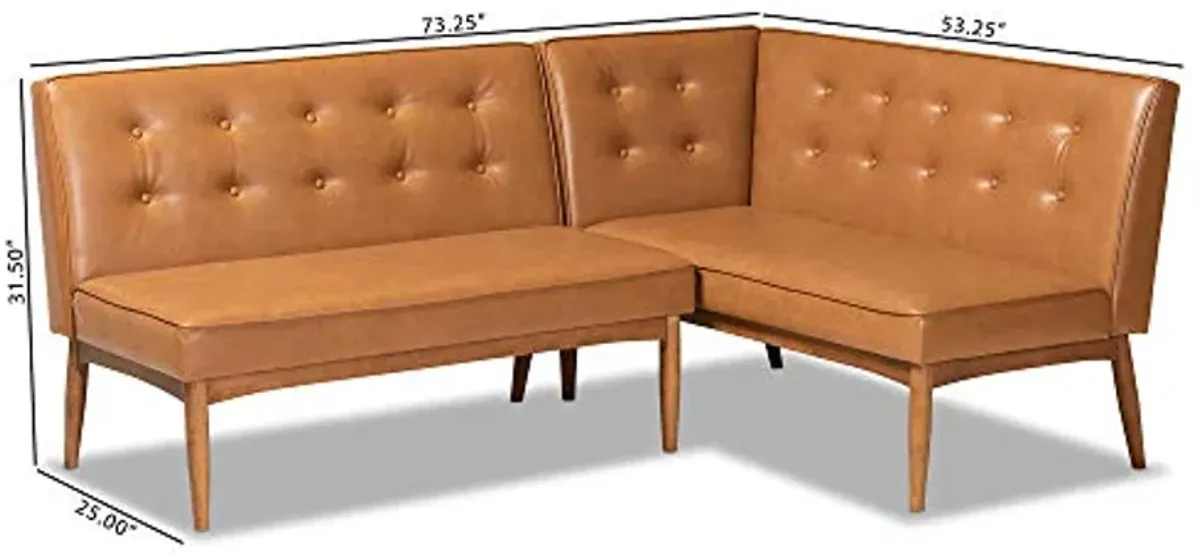 Baxton Studio Arvid Mid-Century Modern Tan Faux Leather Upholstered and Walnut Brown Finished Wood 2-Piece Dining Corner Sofa Bench