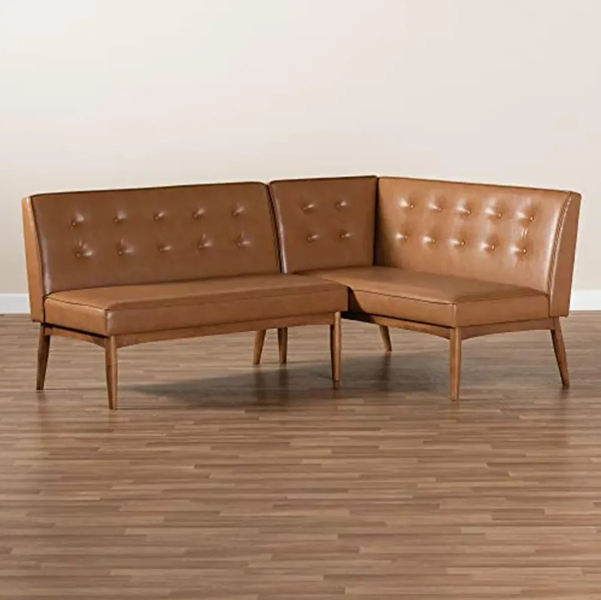 Baxton Studio Arvid Mid-Century Modern Tan Faux Leather Upholstered and Walnut Brown Finished Wood 2-Piece Dining Corner Sofa Bench