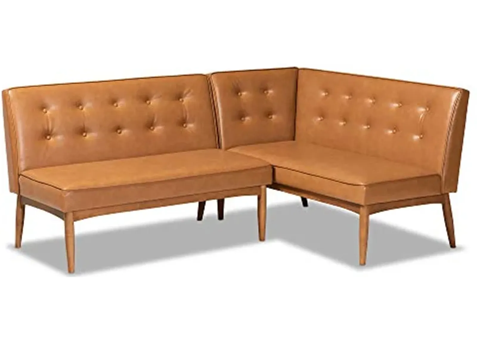 Baxton Studio Arvid Mid-Century Modern Tan Faux Leather Upholstered and Walnut Brown Finished Wood 2-Piece Dining Corner Sofa Bench