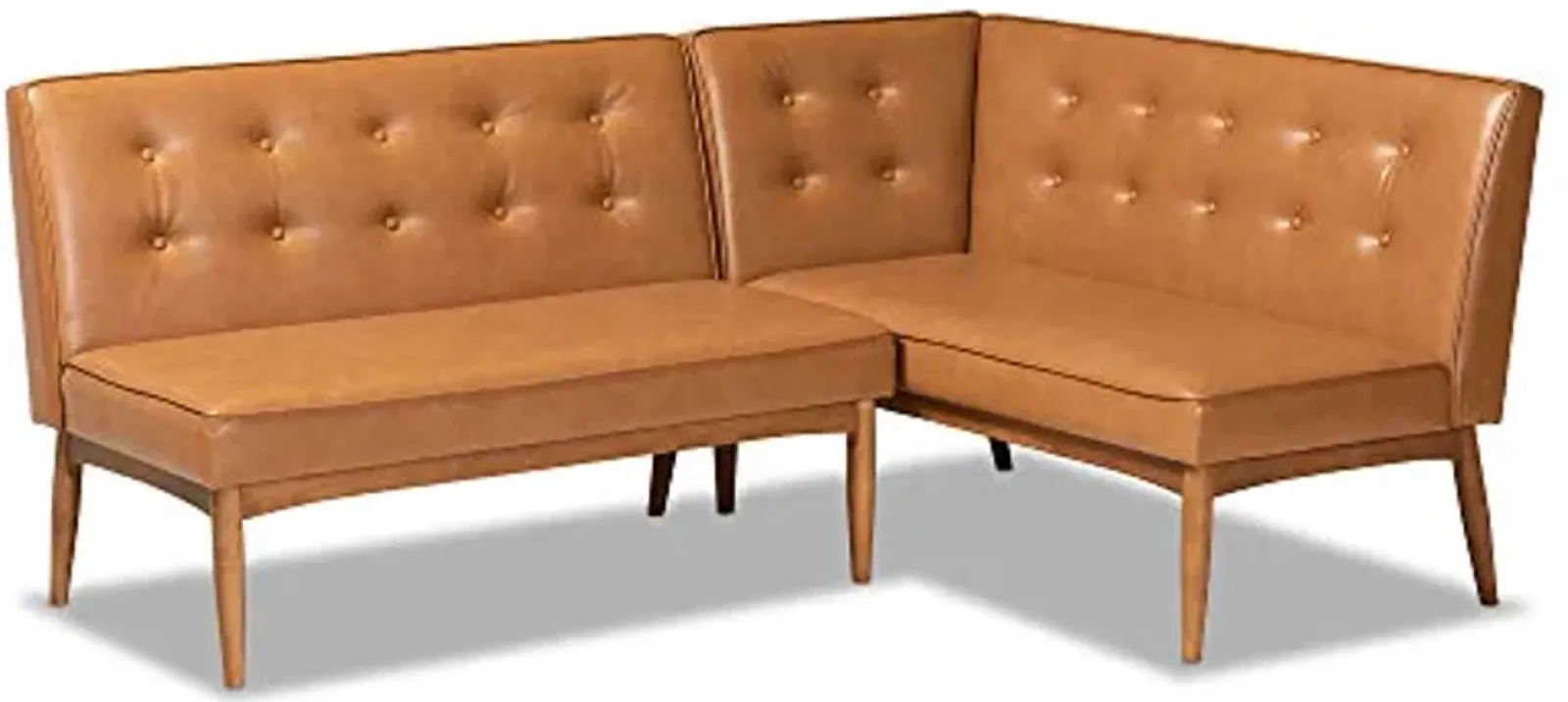 Baxton Studio Arvid Mid-Century Modern Tan Faux Leather Upholstered and Walnut Brown Finished Wood 2-Piece Dining Corner Sofa Bench