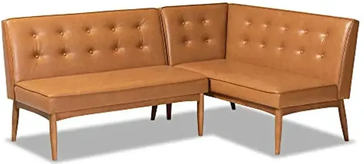 Baxton Studio Arvid Mid-Century Modern Tan Faux Leather Upholstered and Walnut Brown Finished Wood 2-Piece Dining Corner Sofa Bench