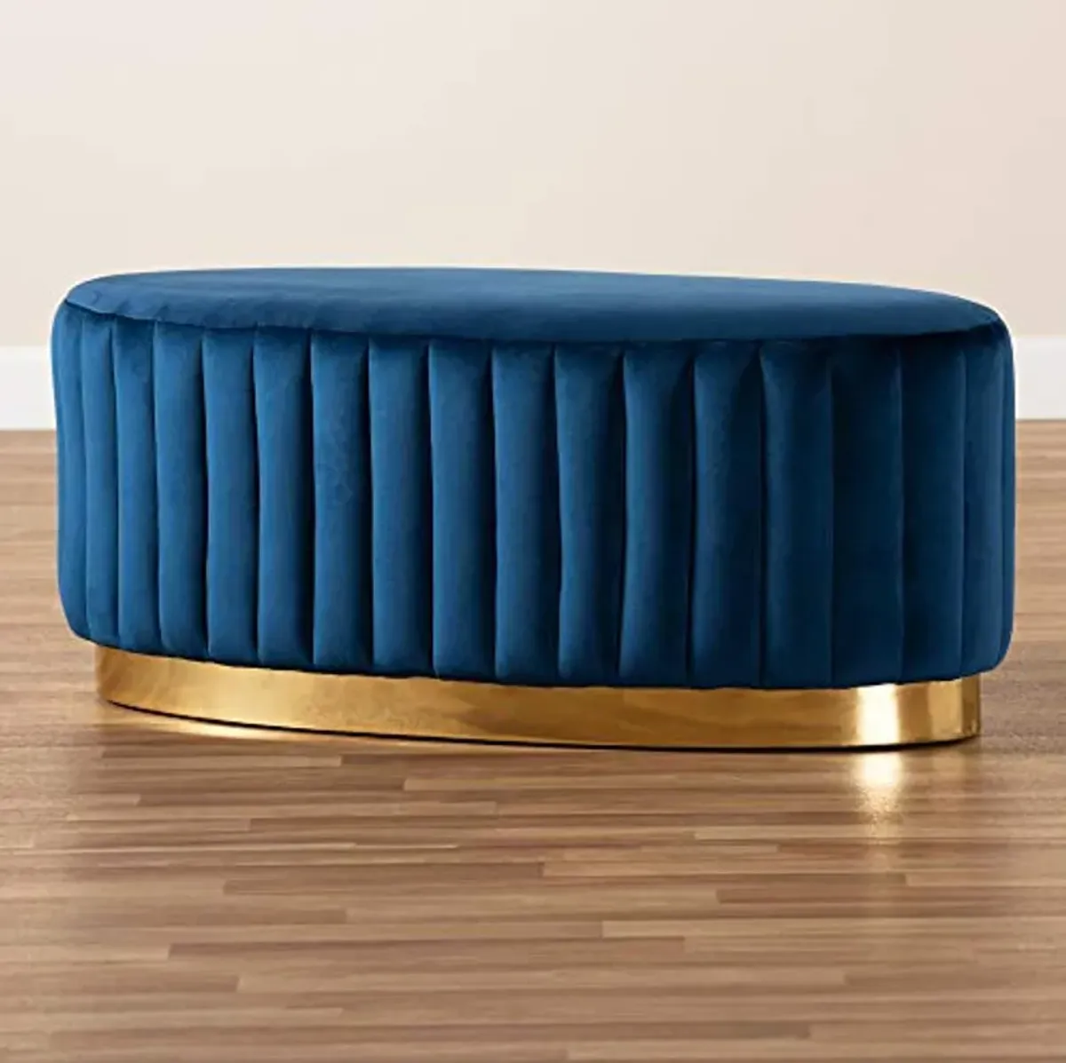 Baxton Studio Kirana Glam and Luxe Navy Blue Velvet Fabric Upholstered and Gold PU Leather Ottoman