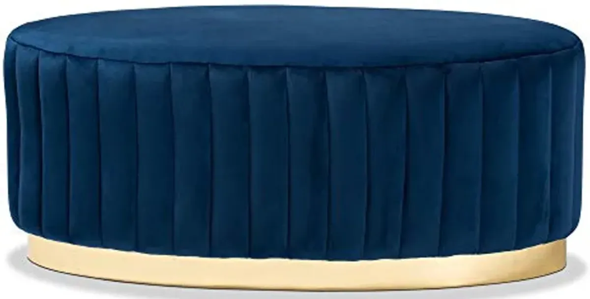 Baxton Studio Kirana Glam and Luxe Navy Blue Velvet Fabric Upholstered and Gold PU Leather Ottoman