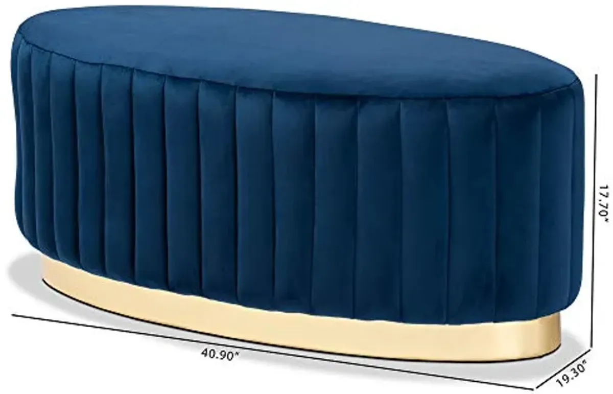 Baxton Studio Kirana Glam and Luxe Navy Blue Velvet Fabric Upholstered and Gold PU Leather Ottoman