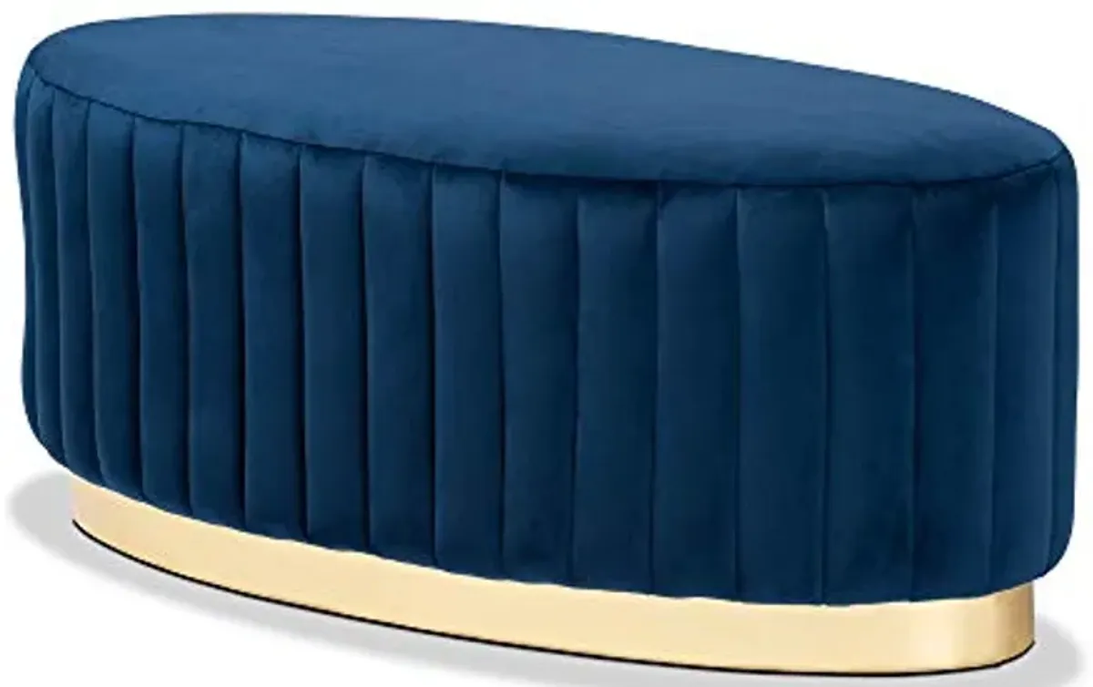 Baxton Studio Kirana Glam and Luxe Navy Blue Velvet Fabric Upholstered and Gold PU Leather Ottoman