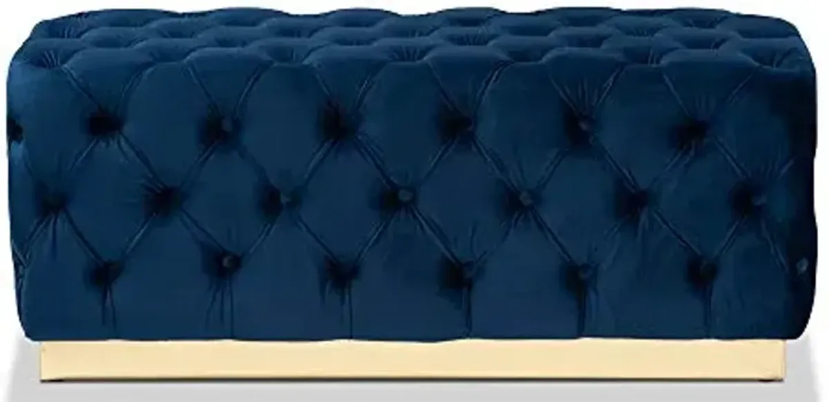 Baxton Studio Corrine Glam and Luxe Navy Blue Velvet Fabric Upholstered and Gold PU Leather Ottoman