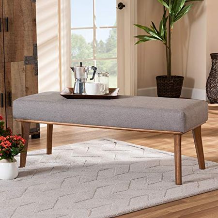 Baxton Studio Odessa Dining Bench Grey Fabric Upholstered and Walnut Brown Finished Wood Dining Bench