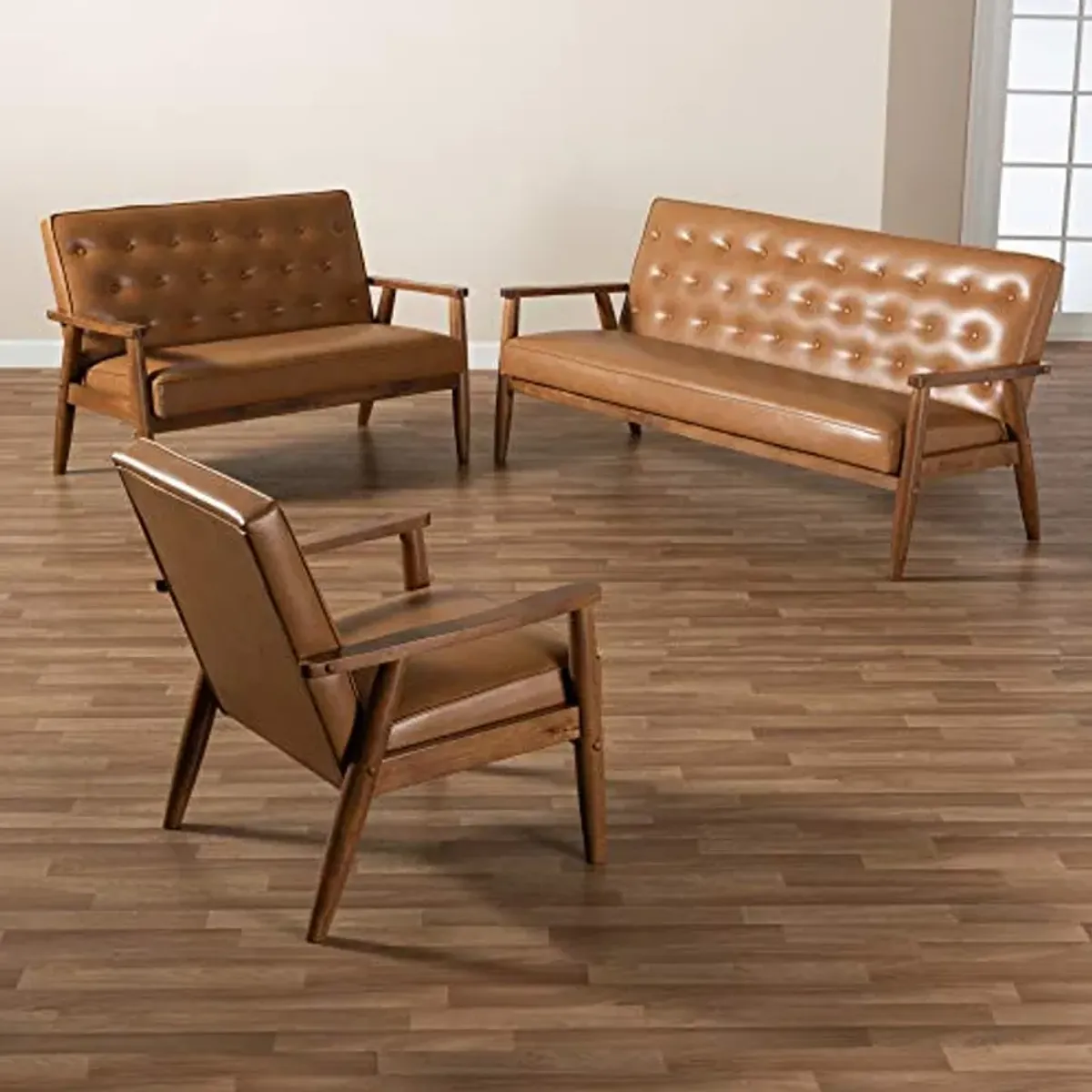 Baxton Studio Sorrento Living Room Sets, Tan/Walnut Brown