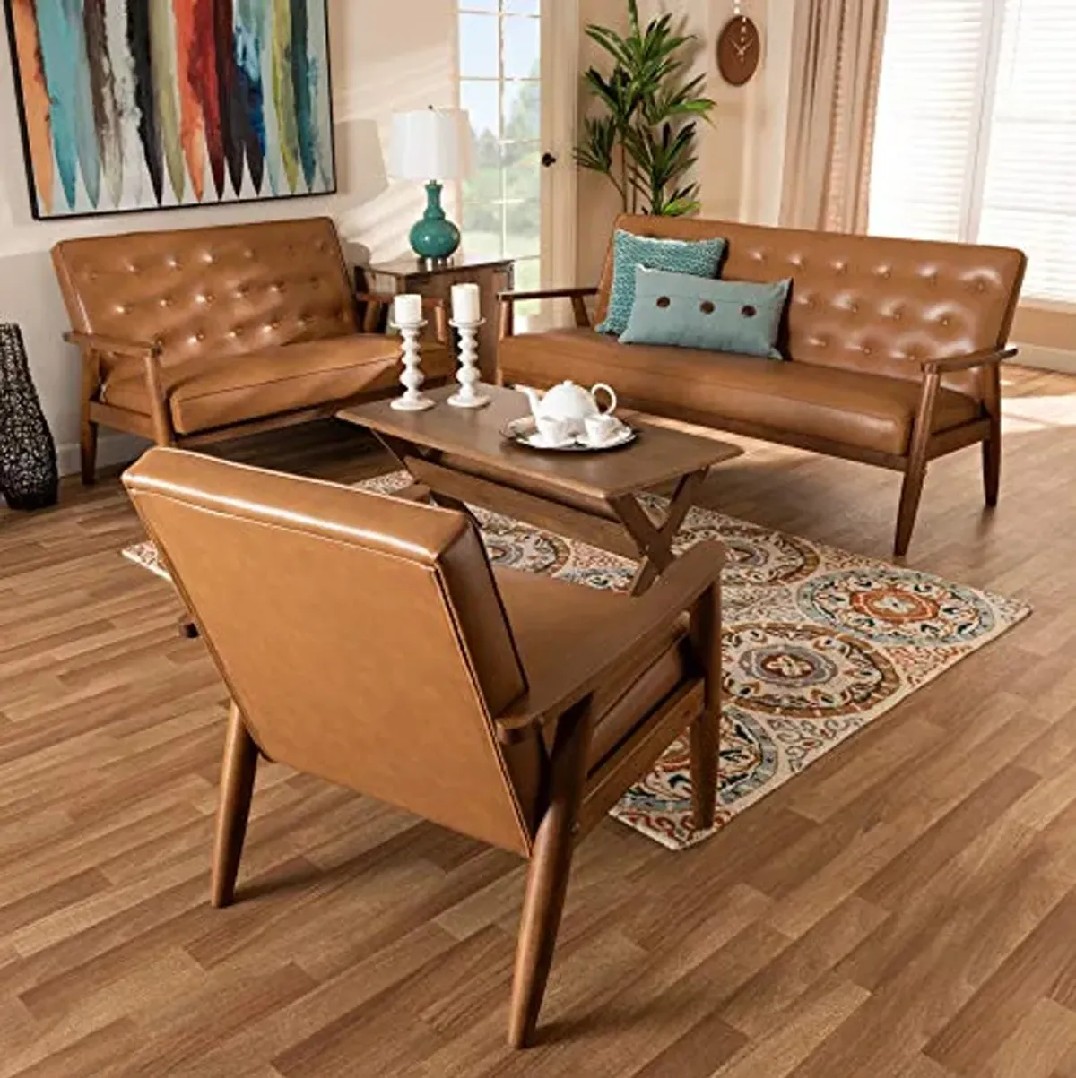 Baxton Studio Sorrento Living Room Sets, Tan/Walnut Brown