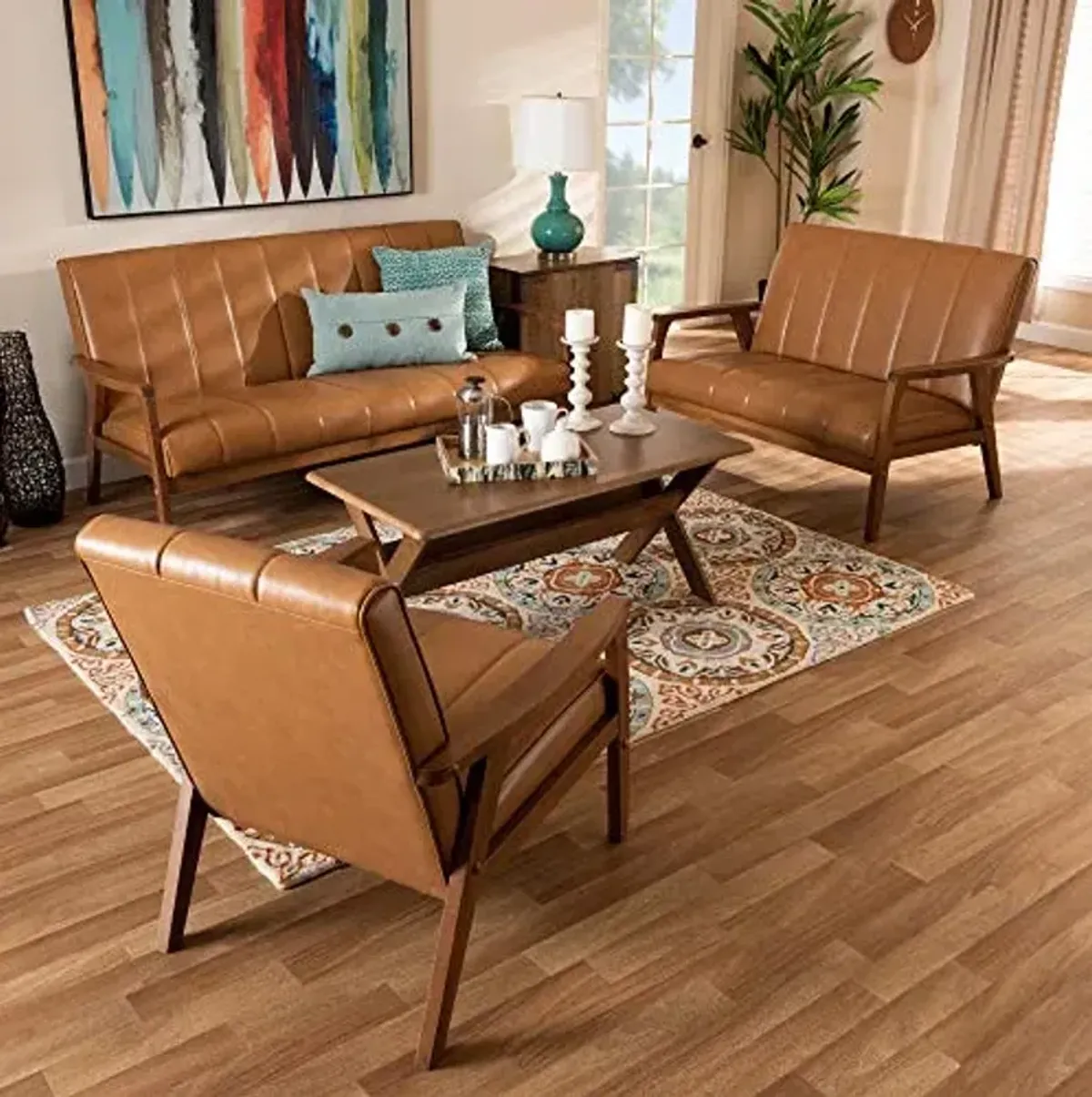 Baxton Studio Nikko Living Room Sets, Tan/Walnut Brown