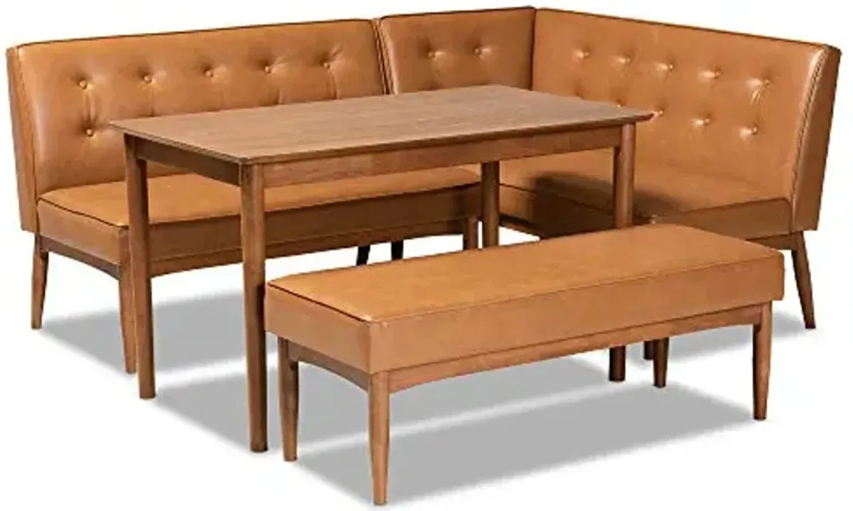 Baxton Studio Arvid Mid-Century Modern Tan Faux Leather Upholstered and Walnut Brown Finished Wood 4-Piece Dining Nook Set