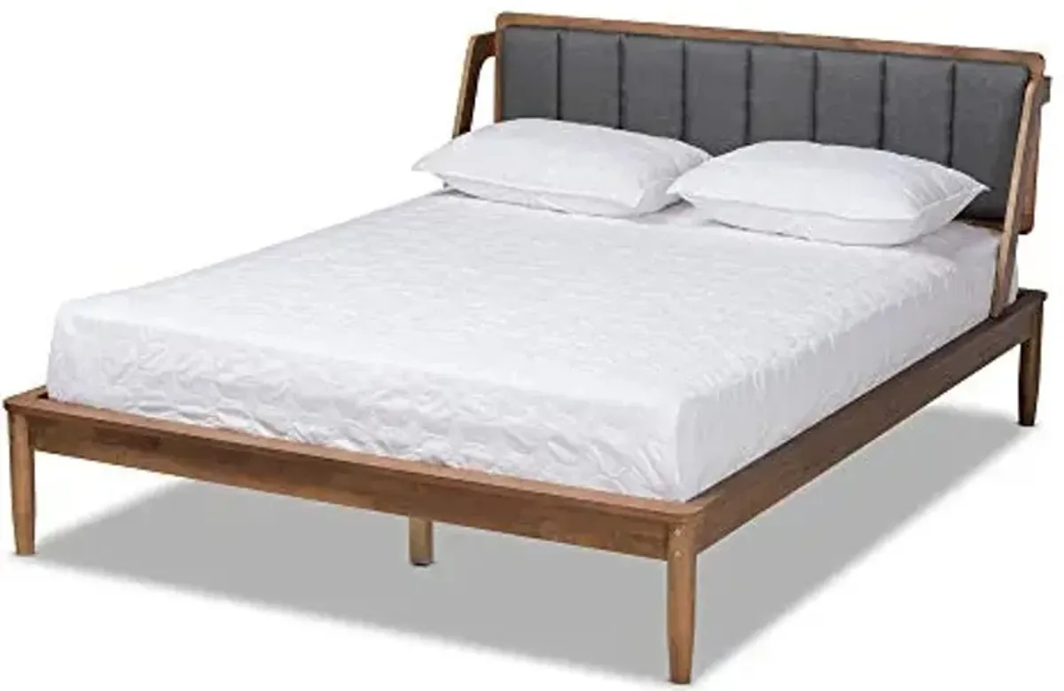 Baxton Studio Helsa Mid-Century Modern Dark Grey Fabric Upholstered and Walnut Finished Queen Size Platform Bed