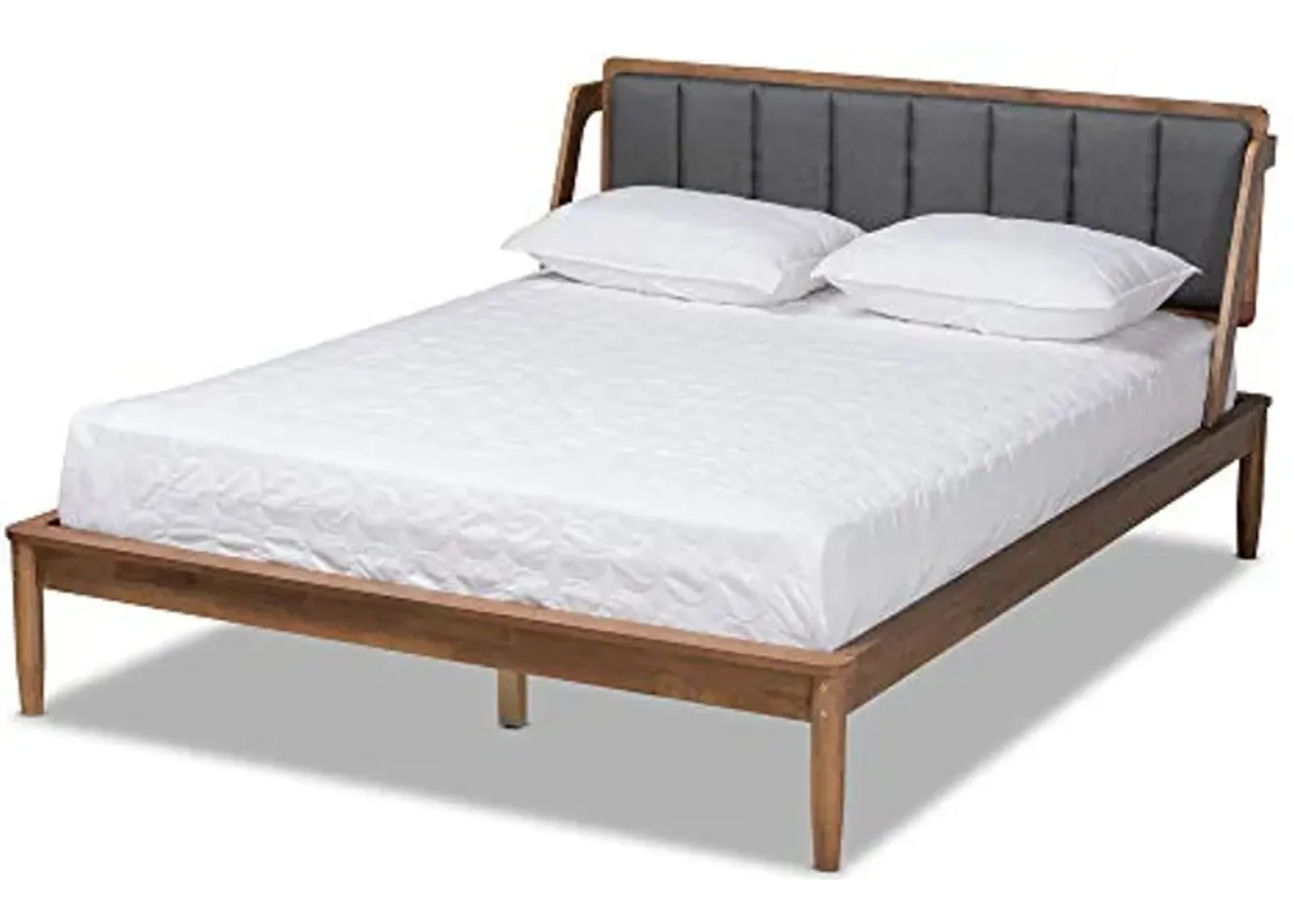 Baxton Studio Helsa Mid-Century Modern Dark Grey Fabric Upholstered and Walnut Finished Queen Size Platform Bed