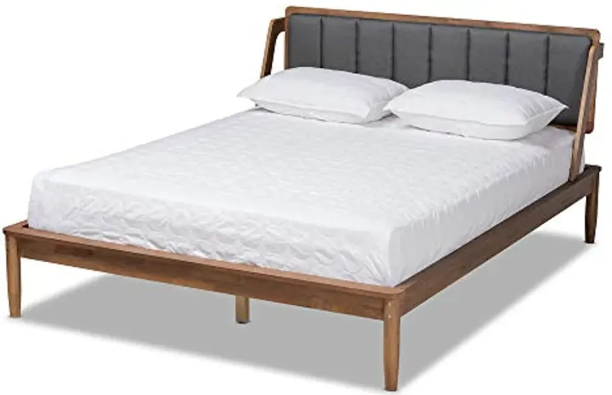 Baxton Studio Helsa Mid-Century Modern Dark Grey Fabric Upholstered and Walnut Finished Queen Size Platform Bed