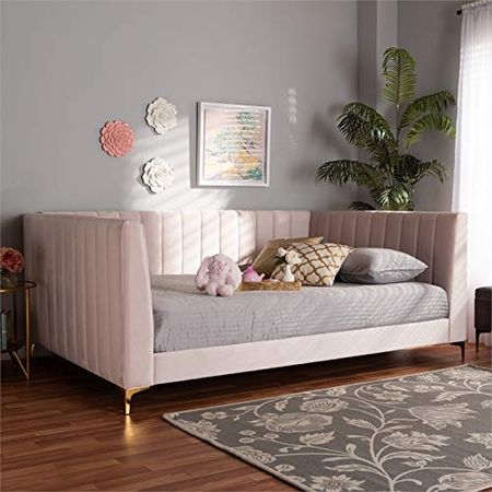 Baxton Studio Oksana Modern Contemporary Glam and Luxe Light Pink Velvet Fabric Upholstered and Gold Finished Queen Size Daybed