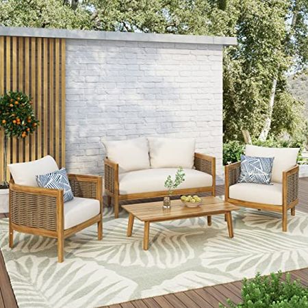 CHRISTOPHER KNIGHT HOME Burchett Outdoor 4pc Chat Set - Acacia Wood and Wicker - Teak/Mixed Brown/Beige