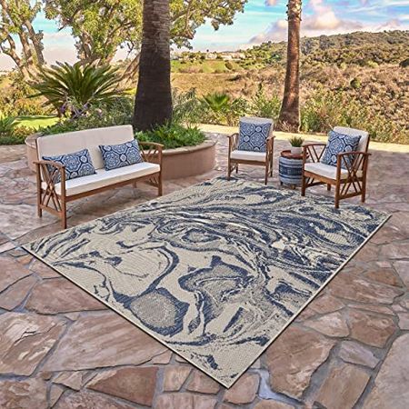Lr Home Ox Bay Seamas Abstract Oasis Indoor Outdoor Rug, White/Navy, 3' x 5'