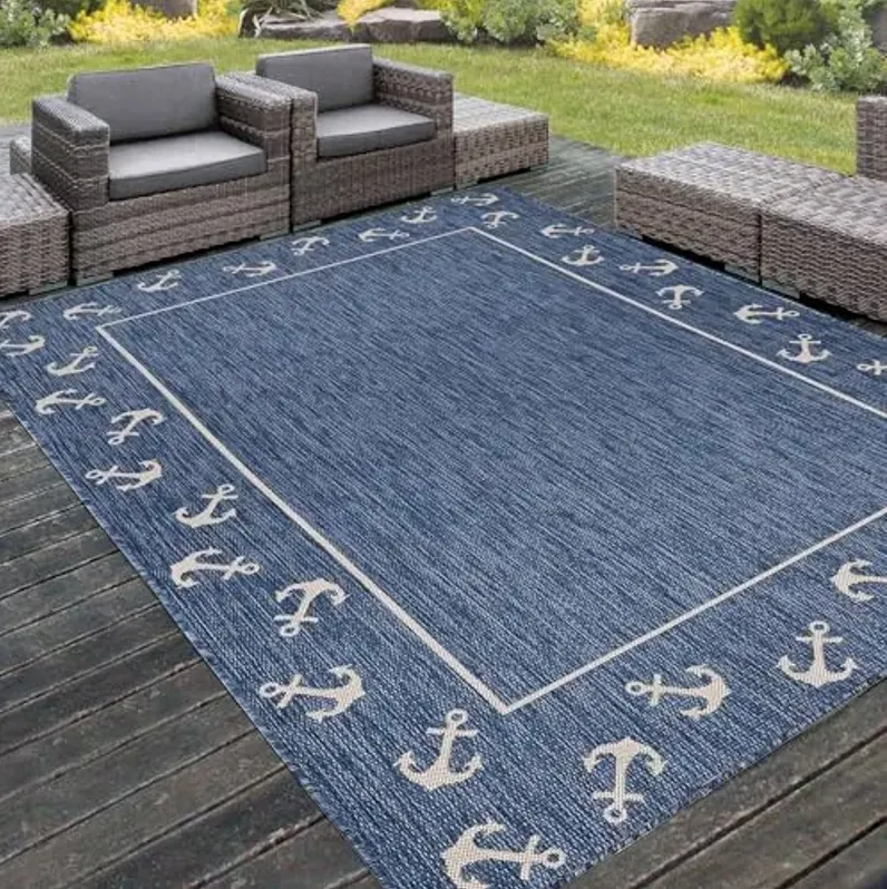LR Home 8x10 Outdoor Area Rug | Turkish Carpet for Patio, Deck, Backyard, Garden, Front Porch, Picnic, Courtyard and Balcony | Large Boho Farmhouse Coastal, Beach, Coral Reef Themed Rug | Navy/White