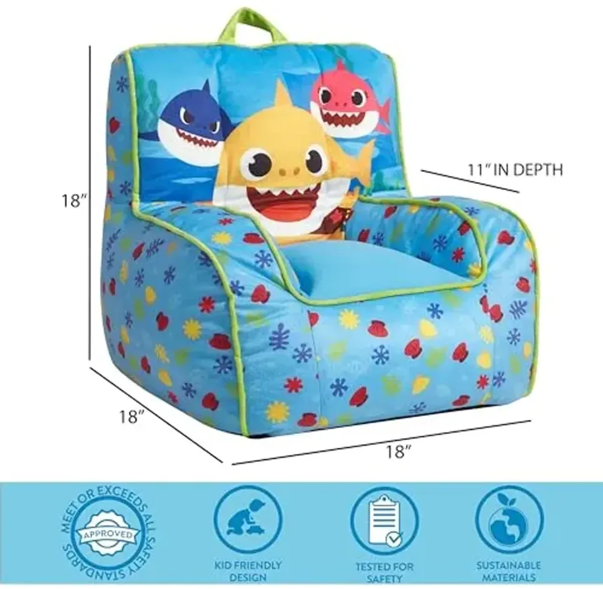 Idea Nuova Baby Shark Kids Mink Plush Bean Bag Chair with Piping & Top Carry Handle, Large