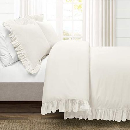 Lush Decor Reyna 3-Piece Ruffled Cotton Duvet Cover Bedding Set, King, White