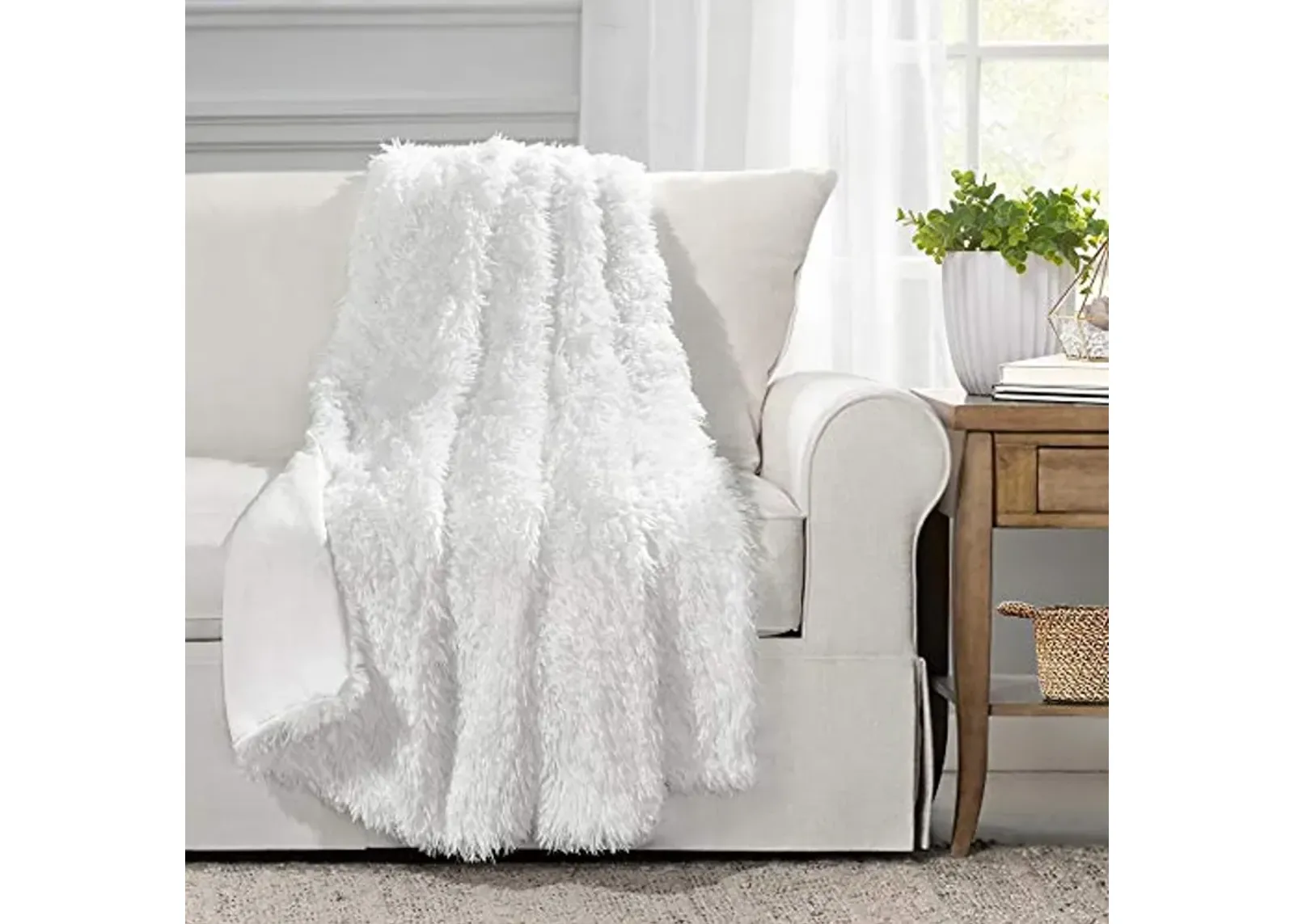 Lush Decor Emma Soft Fluffy Faux Fur Throw Blanket, 50" W x 60" L, White - Warm Fuzzy Throw Blanket for Couch, Bad, and Office