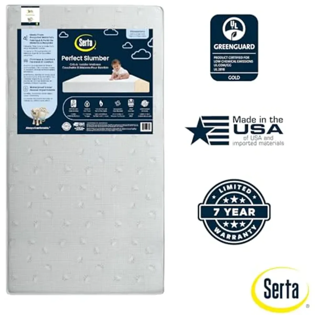 Serta Perfect Slumber Dual Sided Crib and Toddler Mattress - Waterproof - Hypoallergenic - Premium Sustainably Sourced Fiber Core -GREENGUARD Gold Certified (Non-Toxic) -7 Year Warranty - Made in USA